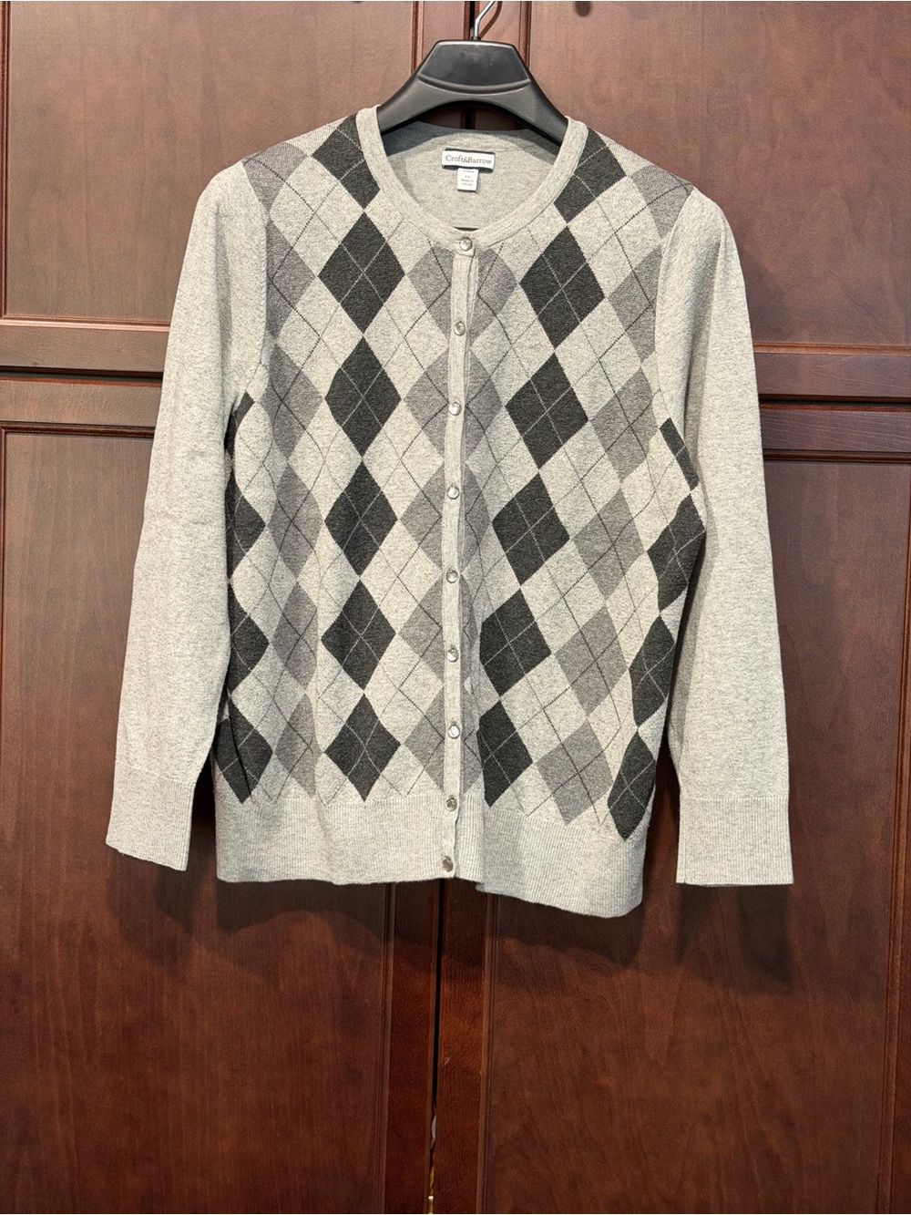 croft & barrow Ladies Gray Argyle Button-Front Cardigan
